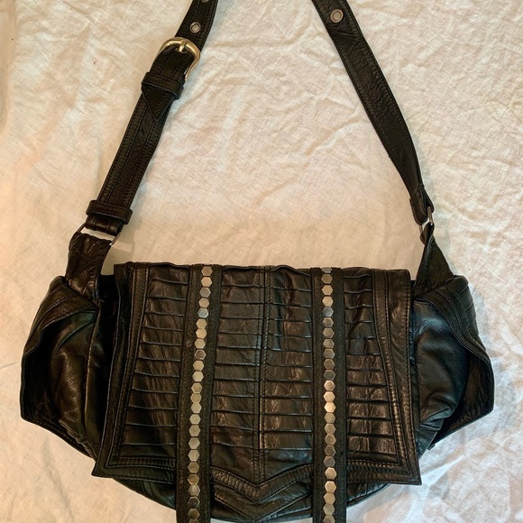 Black leather goth style purse in lamb skin with metal hexagon studs. - Picture 3 of 8